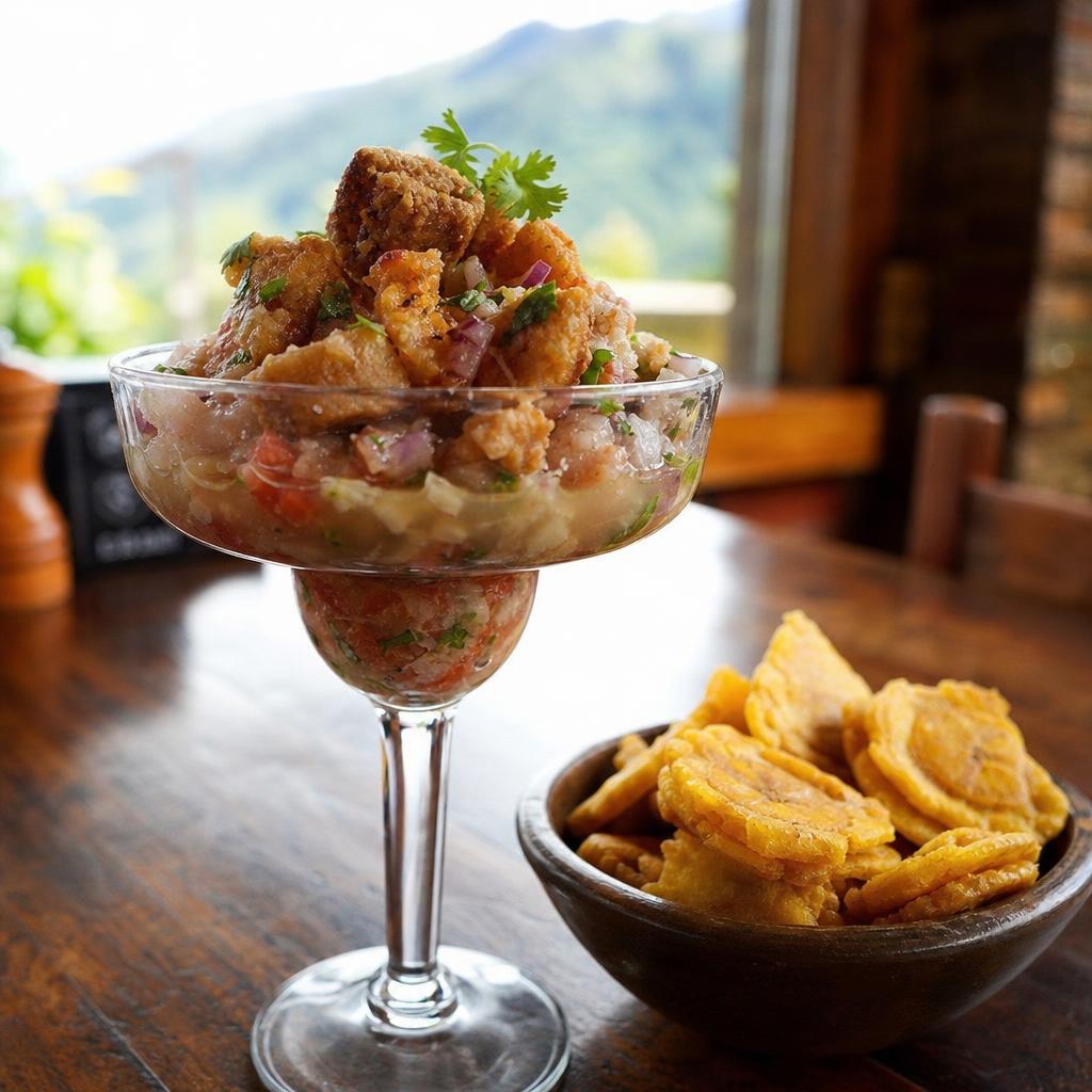 Ceviche de chicharrón con leche acevichada y crocante de plátano