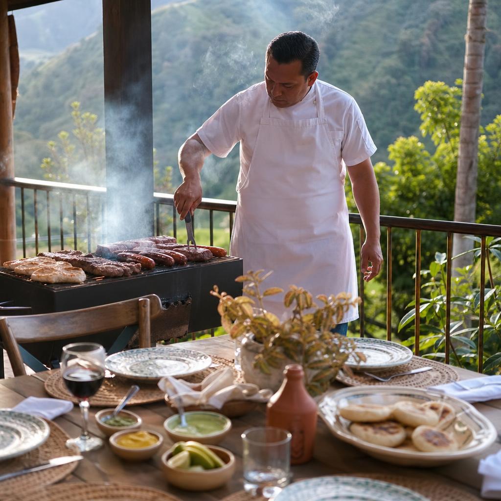 Chef del restaurante cocinando a la parrilla en casa de un cliente con vista a las montañas