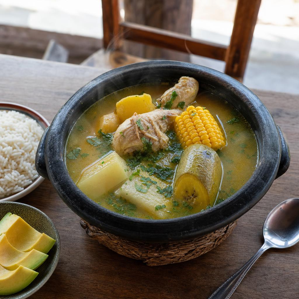 Sancocho colombiano en olla de barro