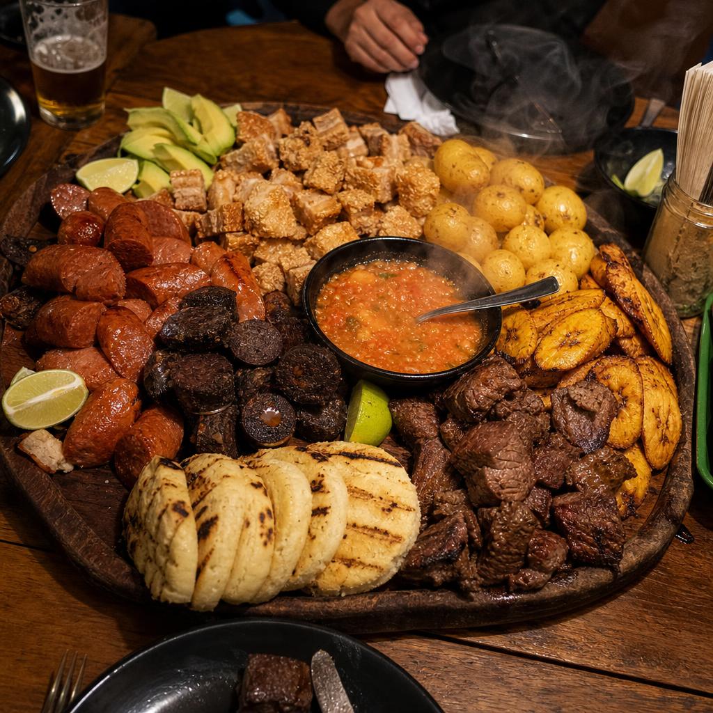 Picada al carbón con chicharrón, morcilla, chorizo, pechuga, bondiola, arepa y papa